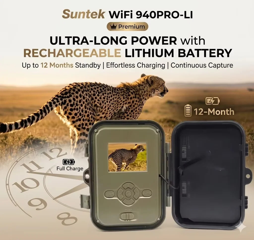 Câmara de Caça e Vigilância 4K Suntekcam WIFI940PRO-LI — Bateria 8000mAh, 30MP e Controlo por Wi-Fi/App