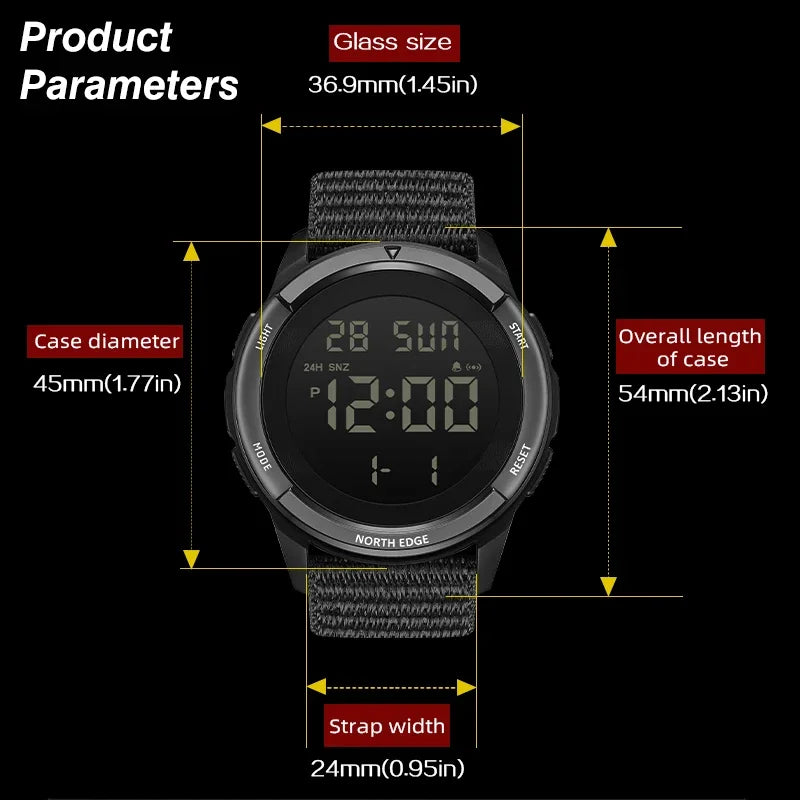Relógio Digital Tático NORTH EDGE TERRAX — Ultraleve (43g), Resistente à Água 50M e Bracelete em Nylon