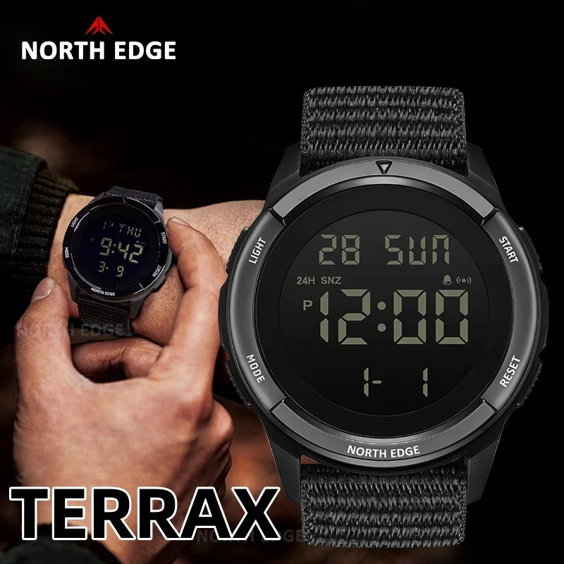 Relógio Digital Tático NORTH EDGE TERRAX — Ultraleve (43g), Resistente à Água 50M e Bracelete em Nylon