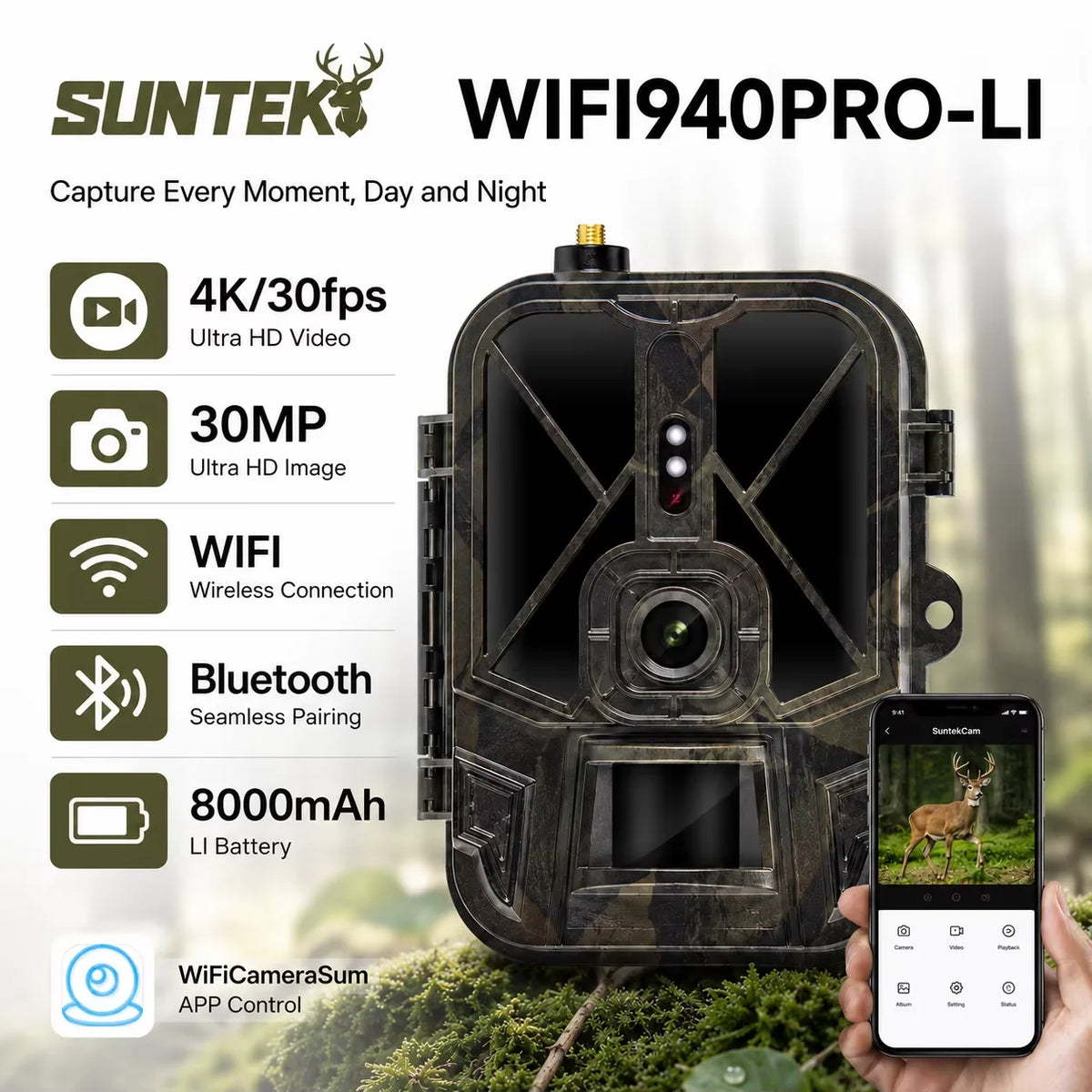 Câmara de Caça e Vigilância 4K Suntekcam WIFI940PRO-LI — Bateria 8000mAh, 30MP e Controlo por Wi-Fi/App